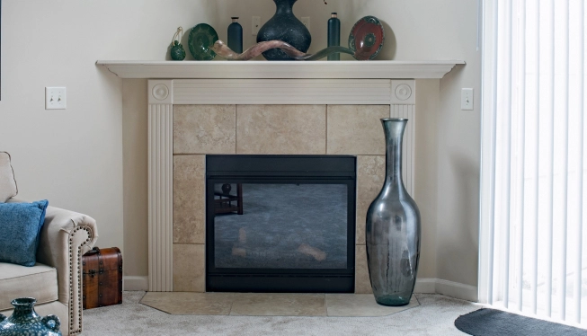tan tile corner fireplace design