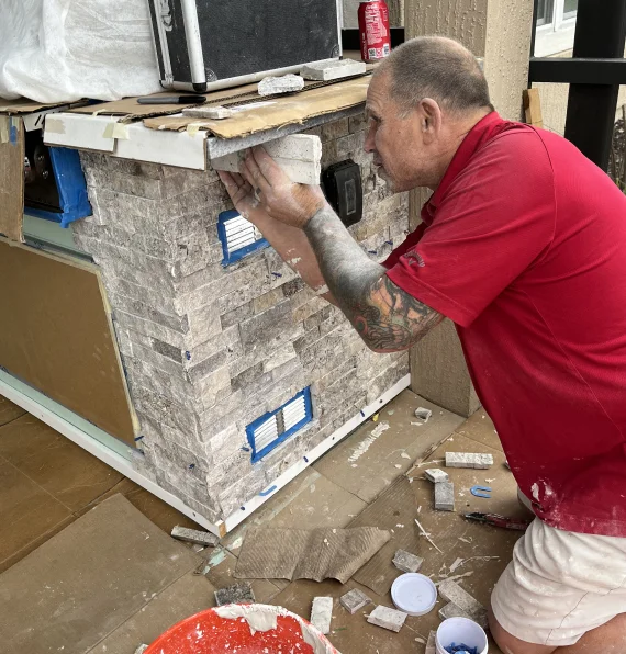 outdoor kitchen stacked stone installation