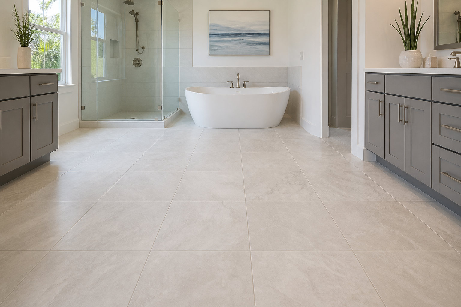 Finished tile floor with even grout lines in a bright bathroom