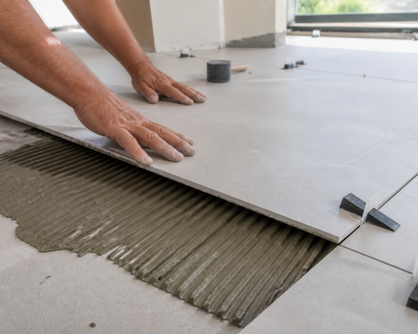 Large-format tile being set into thinset with leveling clips at the edges