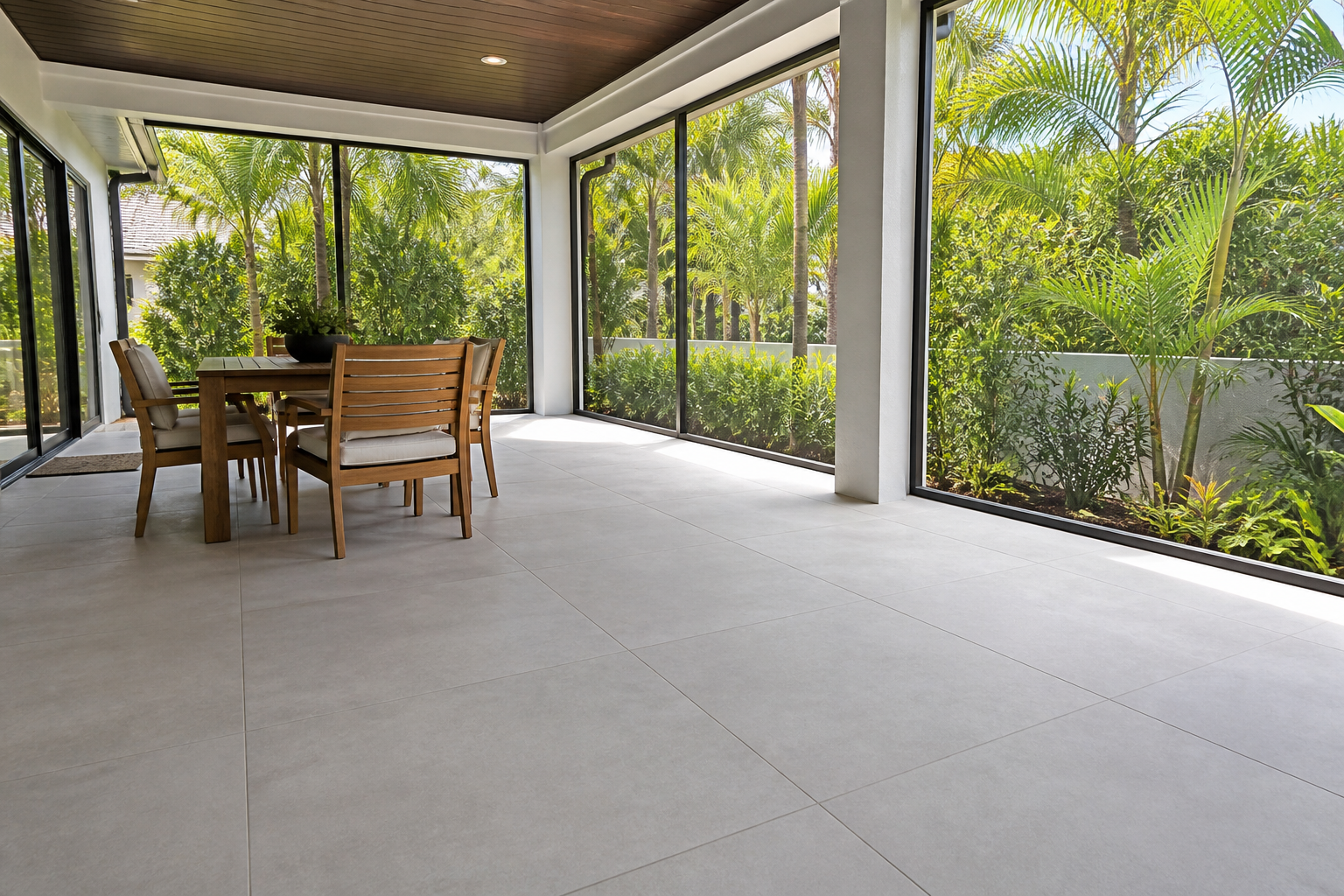 Large-format porcelain paver tile installed on a covered outdoor lanai