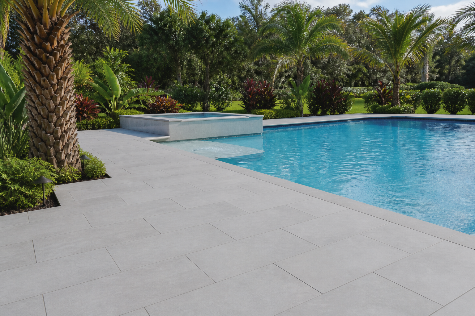 Outdoor porcelain paver installation on a pool deck