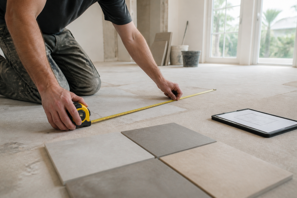 Tile installer measuring a room and comparing tile samples before an estimate Tile installer measuring a room and comparing tile samples before an estimate