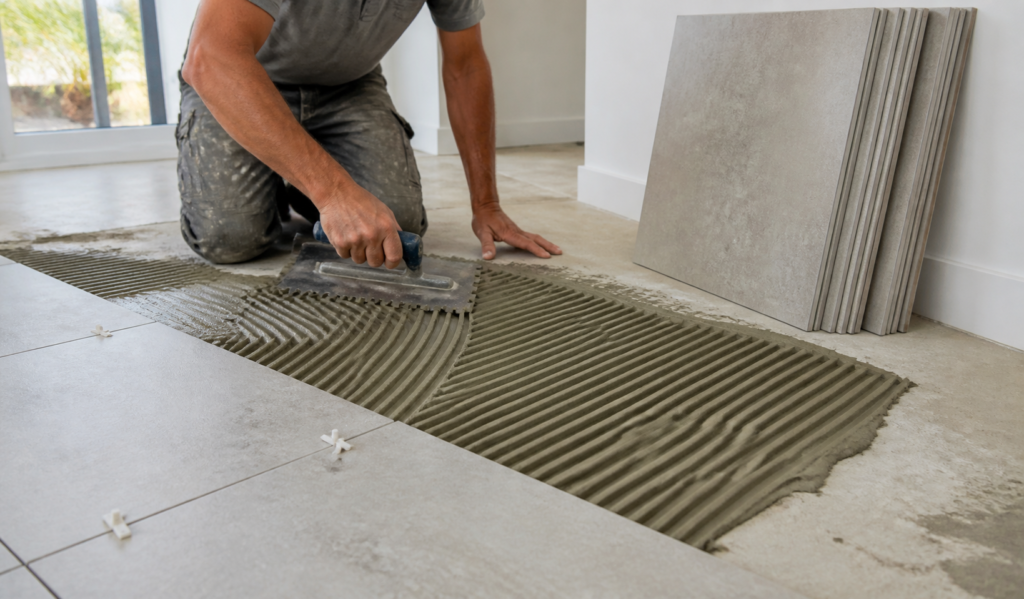 Tile installer preparing substrate before installation Tile installer preparing substrate before installation