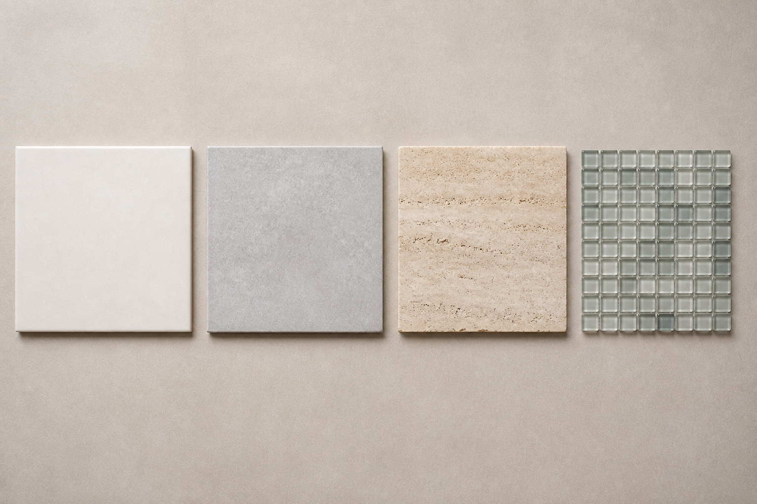 Ceramic, porcelain, natural stone, and glass mosaic tile samples side by side