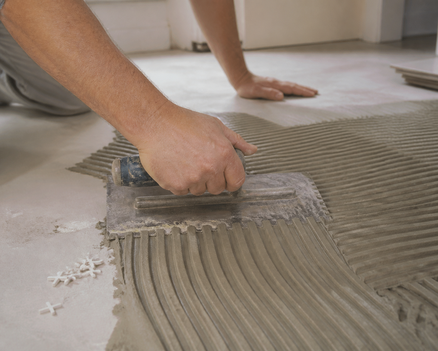 Tile installer spreading thinset mortar on a substrate with a notched trowel